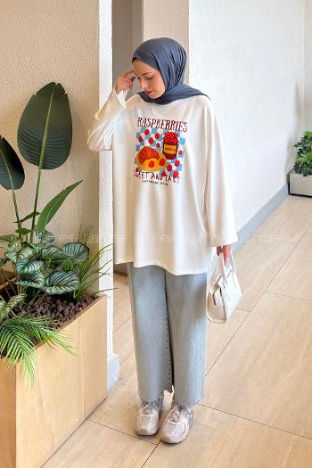 White-3 Crew Neck Viscose Fabric Polyester Printed Tunic