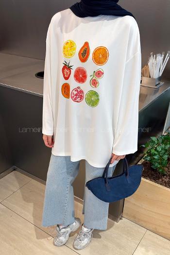 White Crew Neck Viscose Fabric Polyester Printed Tunic