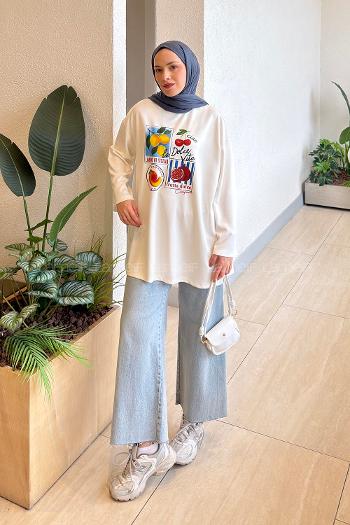 White-2 Crew Neck Viscose Fabric Polyester Printed Tunic