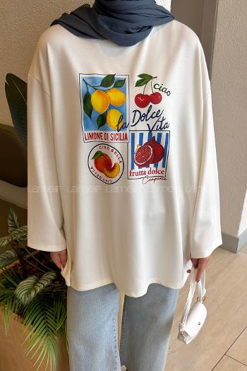 White-2 Crew Neck Viscose Fabric Polyester Printed Tunic
