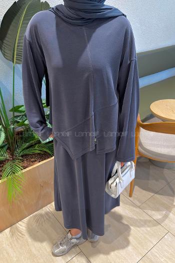 Anthracite Crew Neck Long Arm With Zipper Pleated Suit