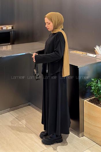 Black Crew Neck Long Arm With Zipper Pleated Suit