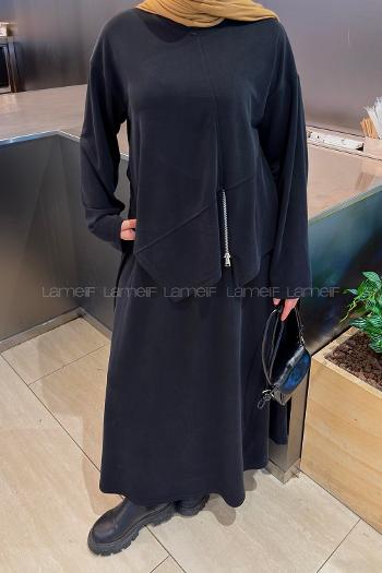 Black Crew Neck Long Arm With Zipper Pleated Suit