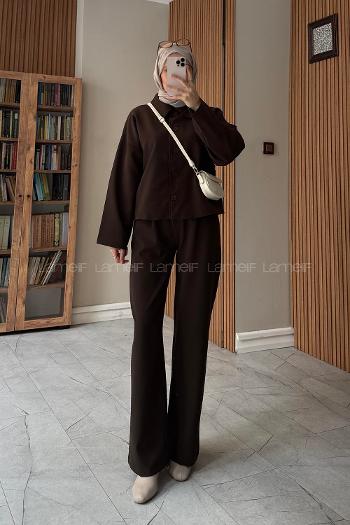 Lamelif Gömlek Yaka Düğmeli İkili Takım Kahverengi
