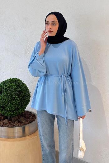 Lamelif Kol Arma Detaylı Belden Bağlamalı Tunik Mavi