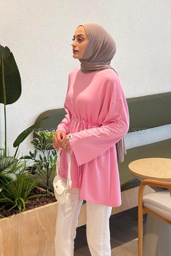 Lamelif Kol Arma Detaylı Belden Bağlamalı Tunik Pembe