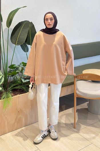 Lamelif Oversize İki İplik Sweat Sütlü Kahve