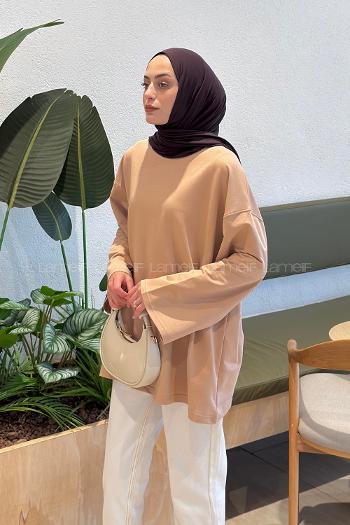 Lamelif Oversize İki İplik Sweat Sütlü Kahve