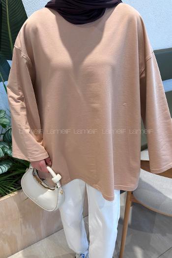 Lamelif Oversize İki İplik Sweat Sütlü Kahve