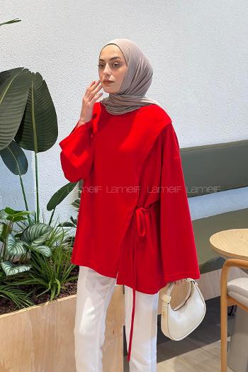Lamelif Yan Biye Bağlamalı Tunik Kırmızı