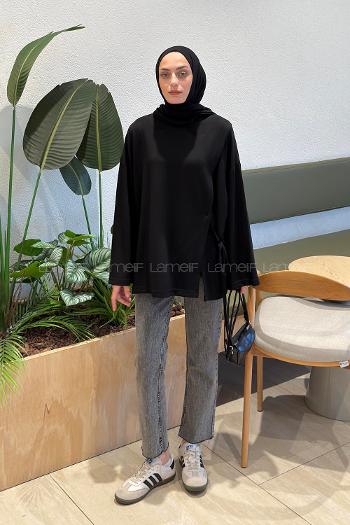 Lamelif Yan Biye Bağlamalı Tunik Siyah