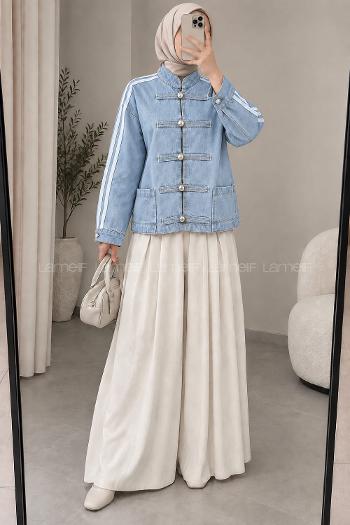 Lamelif Şerit Detaylı Birit Düğmeli Denim Ceket Buz Mavisi