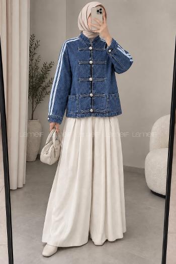 Lamelif Şerit Detaylı Birit Düğmeli Denim Ceket Kot Mavisi