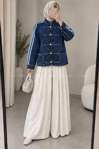 Lamelif Şerit Detaylı Birit Düğmeli Denim Ceket Koyu Mavi