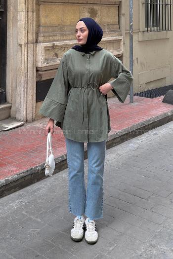 Green Shirt Collar Long Arm Printed Shirt