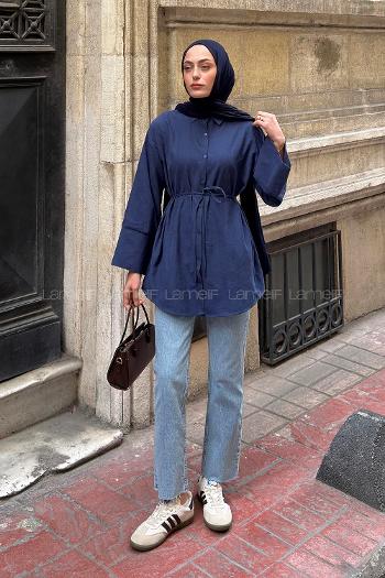 Navy Blue Shirt Collar Long Arm Unprinted Shirt