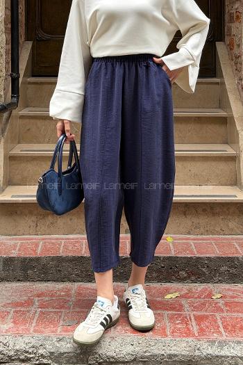 Navy Blue Cotton High Waist Pants
