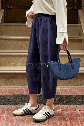 Navy Blue Cotton High Waist Pants