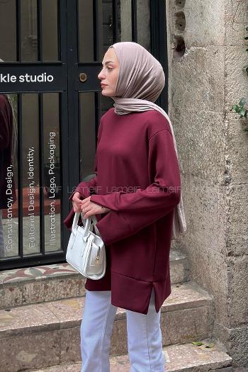 Lamelif Bisiklet Yaka Kolları Ve Etek Ucu Yırtmaçlı Tunik Bordo