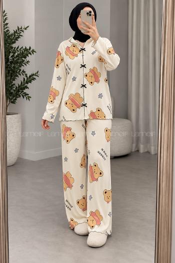 Lamelif Ayıcık-Yıldız Desenli Fiyonk Detaylı Pijama Takımı