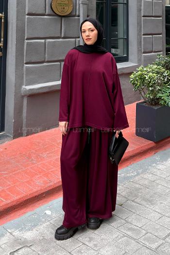 Lamelif Bisiklet Yaka Oysho Kumaş İkili Takım Bordo
