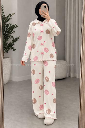 Lamelif Bisküvi Desenli Fiyonk Detaylı Pijama Takımı