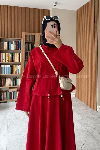 Red Crew Neck Long Arm With Zipper Pleated Suit