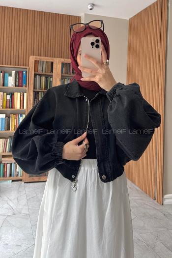 Lamelif Bomber Kısa Kot Ceket Siyah