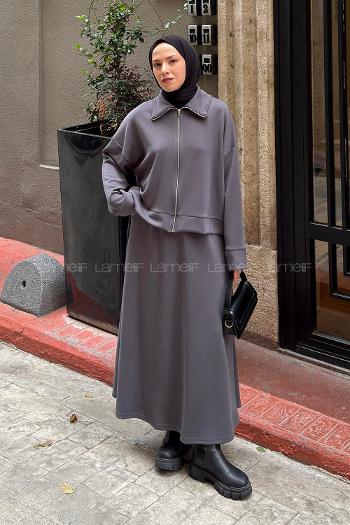 Anthracite Zippered Neck Long Arm With Zipper Pleated Suit