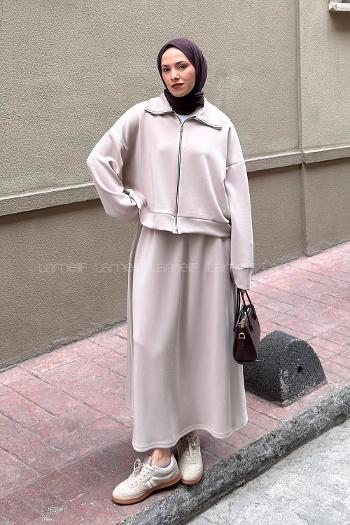Beige Zippered Neck Long Arm With Zipper Pleated Suit