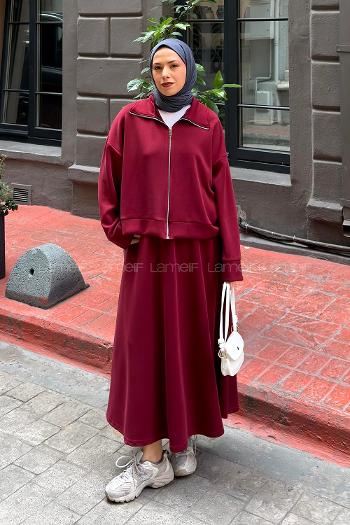 Claret Red Zippered Neck Long Arm With Zipper Pleated Suit