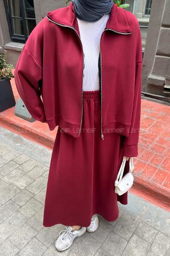 Claret Red Zippered Neck Long Arm With Zipper Pleated Suit