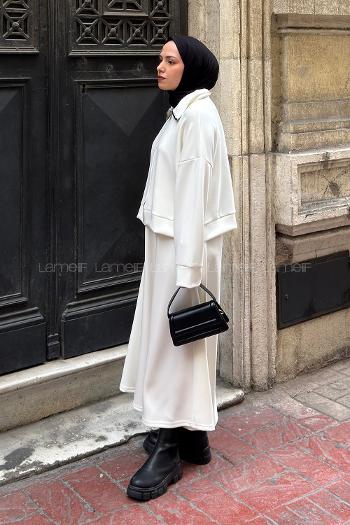 Ecru Zippered Neck Long Arm With Zipper Pleated Suit