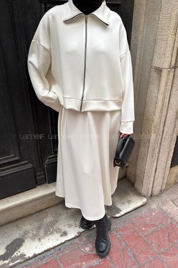 Ecru Zippered Neck Long Arm With Zipper Pleated Suit