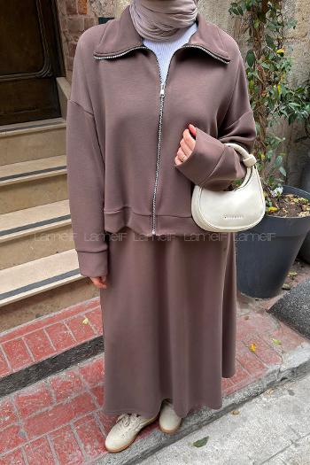 Brown Zippered Neck Long Arm With Zipper Pleated Suit