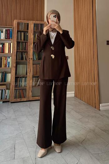 Brown Jacket Collar Long Arm Buttoned Regular Trousers Suit