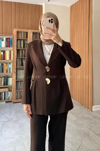 Brown Jacket Collar Long Arm Buttoned Regular Trousers Suit