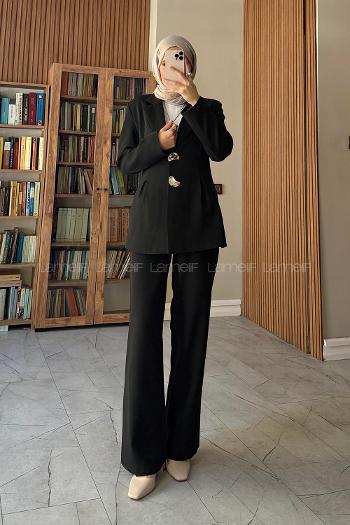 Black Jacket Collar Long Arm Buttoned Regular Trousers Suit