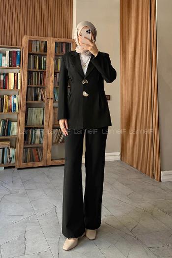 Black Jacket Collar Long Arm Buttoned Regular Trousers Suit