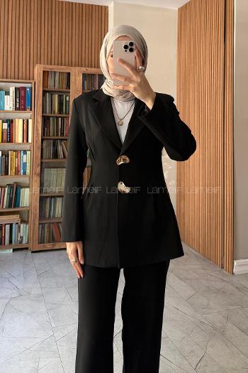 Black Jacket Collar Long Arm Buttoned Regular Trousers Suit