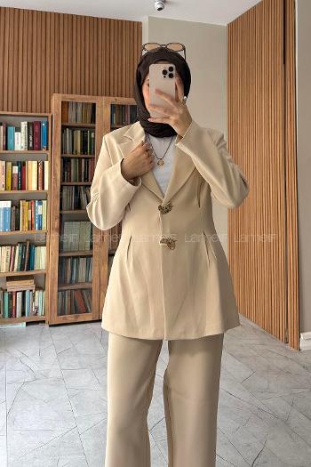 Stone Jacket Collar Long Arm Buttoned Regular Trousers Suit
