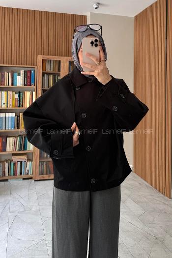 Lamelif Gömlek Yaka Şal Detaylı Kısa Trenç Siyah
