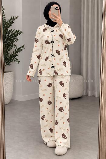 Lamelif Kahve Desenli Fiyonk Detaylı Pijama Takımı