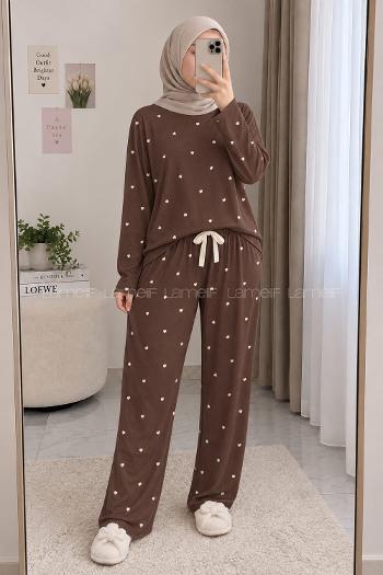 Lamelif Kahverengi Kalp Detaylı Pijama Takımı