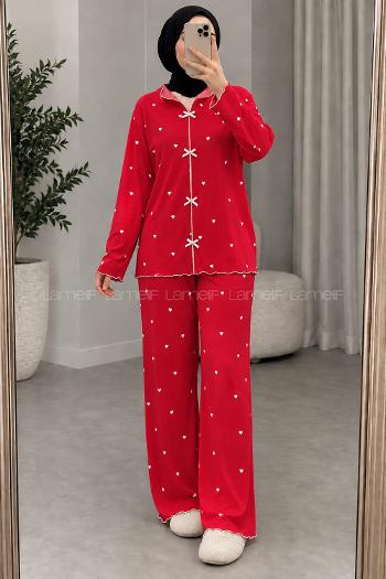 Lamelif Kırmızı Kalp Desenli Fiyonk Detaylı Pijama Takımı