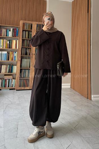 Bitter Brown Crew Neck Long Arm Buttoned Elastic Trousers Suit