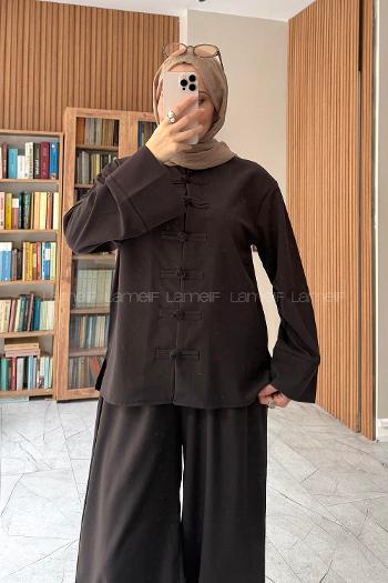 Bitter Brown Crew Neck Long Arm Buttoned Elastic Trousers Suit