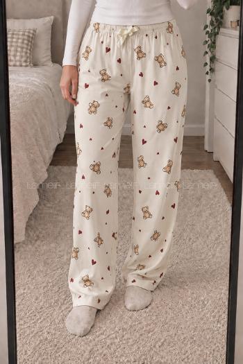 Lamelif Milan Kumaş Ayıcık-Kalp Desenli Pijama Altı