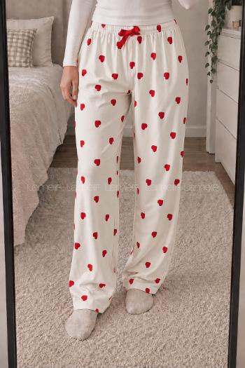 Lamelif Milan Kumaş Beyaz-Kırmızı Kalp Desenli Pijama Altı