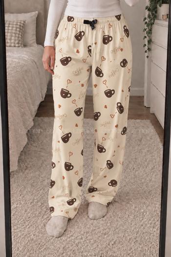 Lamelif Milan Kumaş  Kahve  Coffee  Cup Desenli Pijama Altı